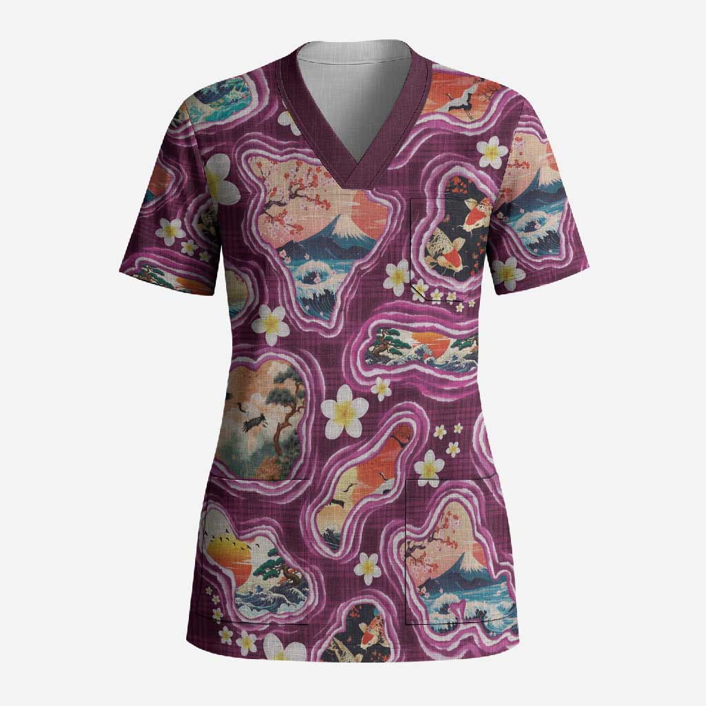 Hawaii Islands Map Design with Japanese Landscape Scrub Top Hawaiian Japan Fusion Art Pink Color