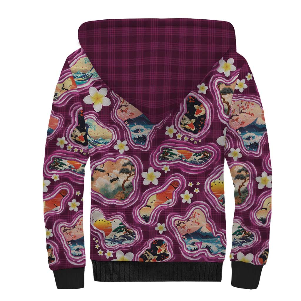 Hawaii Islands Map Design with Japanese Landscape Sherpa Hoodie Hawaiian Japan Fusion Art Pink Color