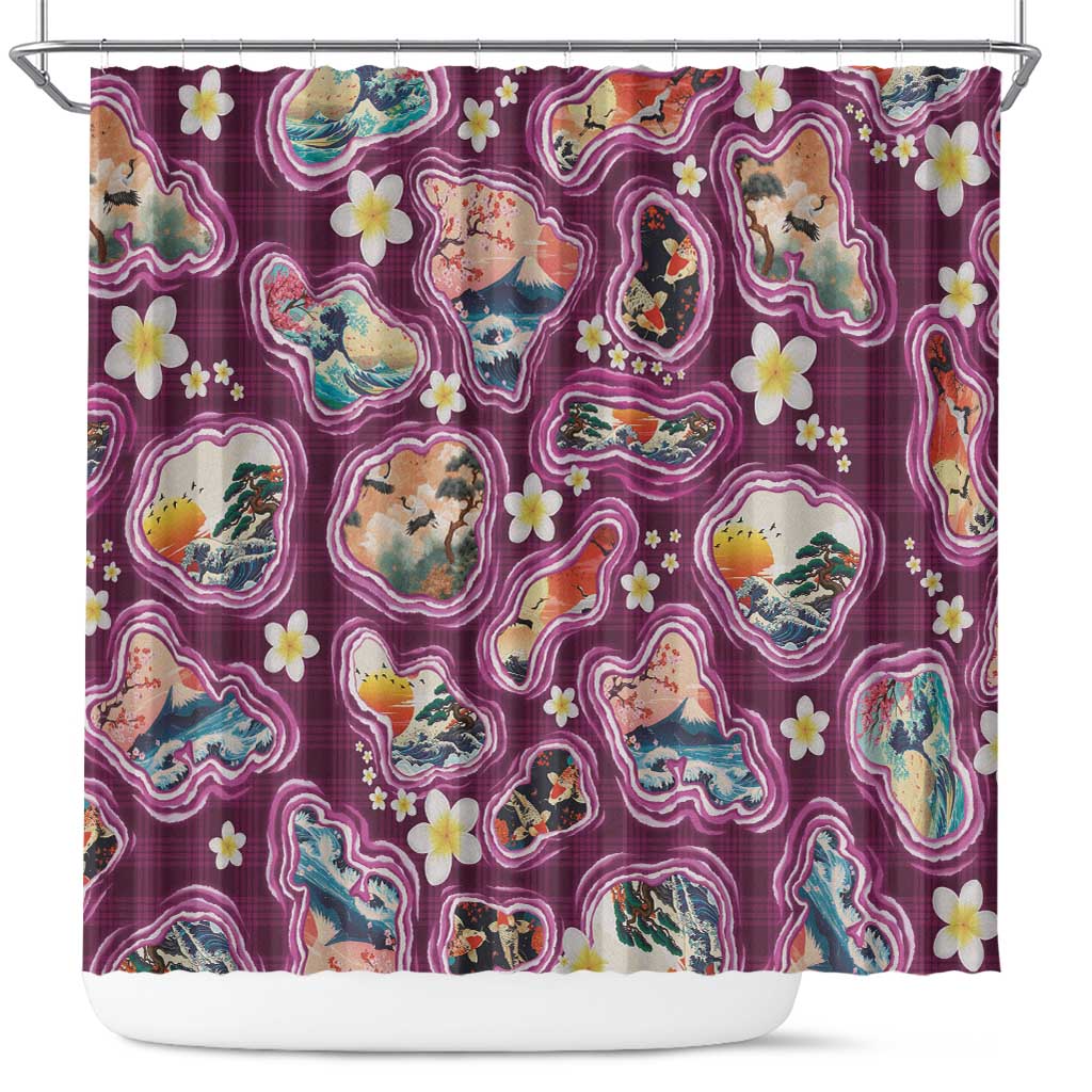 Hawaii Islands Map Design with Japanese Landscape Shower Curtain Hawaiian Japan Fusion Art Pink Color