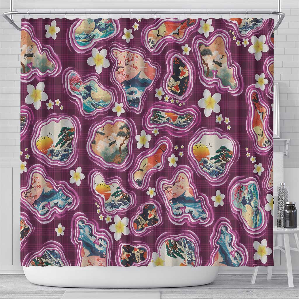 Hawaii Islands Map Design with Japanese Landscape Shower Curtain Hawaiian Japan Fusion Art Pink Color