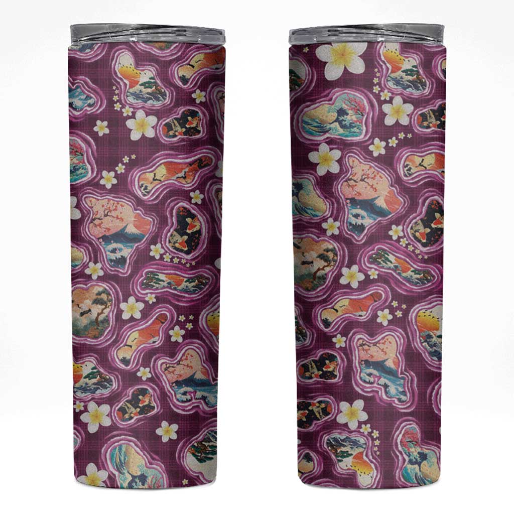 Hawaii Islands Map Design with Japanese Landscape Skinny Tumbler Hawaiian Japan Fusion Art Pink Color