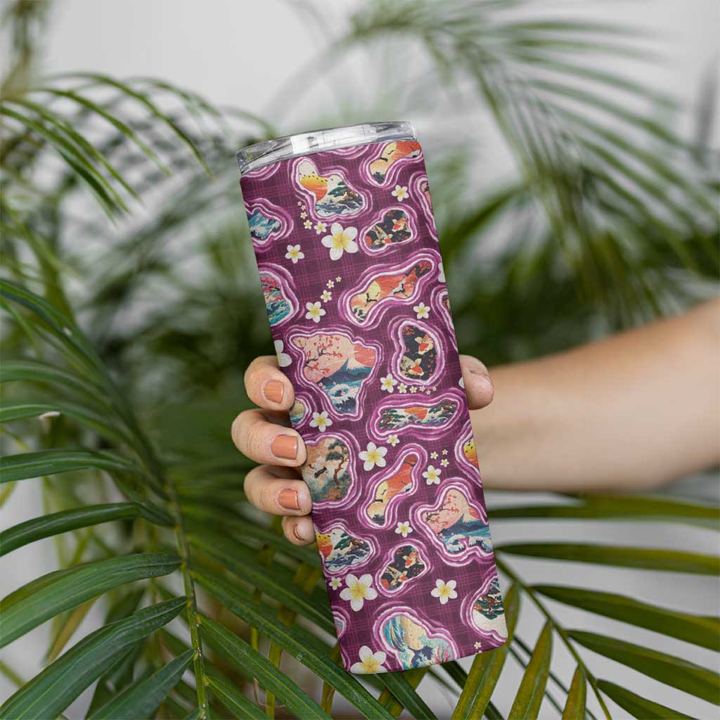 Hawaii Islands Map Design with Japanese Landscape Skinny Tumbler Hawaiian Japan Fusion Art Pink Color