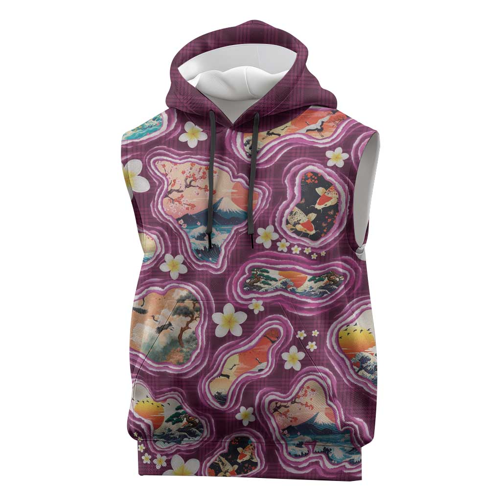 Hawaii Islands Map Design with Japanese Landscape Sleeveless Hoodie Hawaiian Japan Fusion Art Pink Color