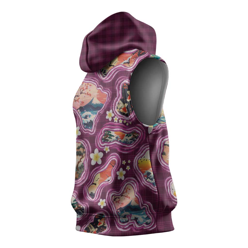 Hawaii Islands Map Design with Japanese Landscape Sleeveless Hoodie Hawaiian Japan Fusion Art Pink Color