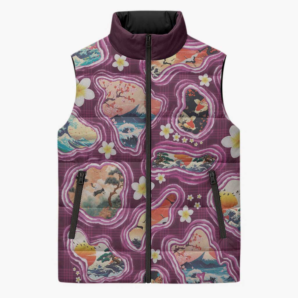 Hawaii Islands Map Design with Japanese Landscape Sleeveless Puffer Jacket Hawaiian Japan Fusion Art Pink Color LT03 Unisex Pink - Polynesian Pride