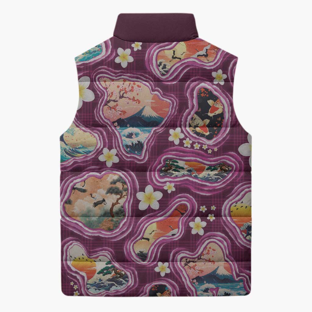 Hawaii Islands Map Design with Japanese Landscape Sleeveless Puffer Jacket Hawaiian Japan Fusion Art Pink Color LT03 - Polynesian Pride