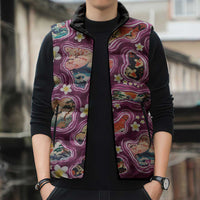Hawaii Islands Map Design with Japanese Landscape Sleeveless Puffer Jacket Hawaiian Japan Fusion Art Pink Color LT03 - Polynesian Pride