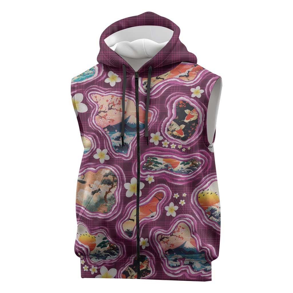 Hawaii Islands Map Design with Japanese Landscape Sleeveless Zip Hoodie Hawaiian Japan Fusion Art Pink Color