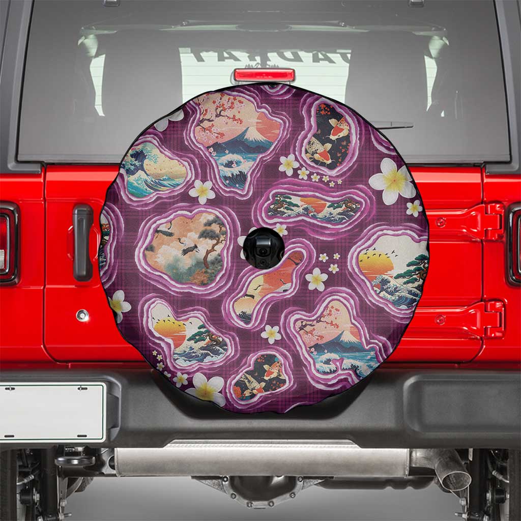 Hawaii Islands Map Design with Japanese Landscape Spare Tire Cover Hawaiian Japan Fusion Art Pink Color