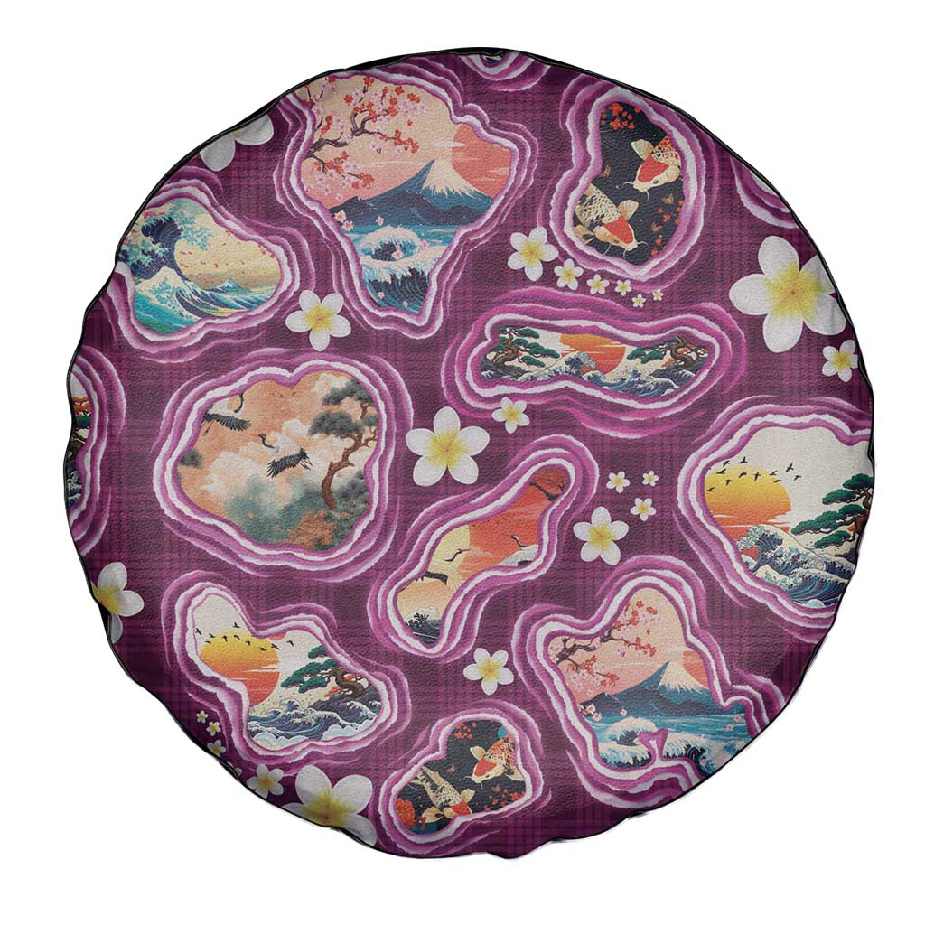 Hawaii Islands Map Design with Japanese Landscape Spare Tire Cover Hawaiian Japan Fusion Art Pink Color