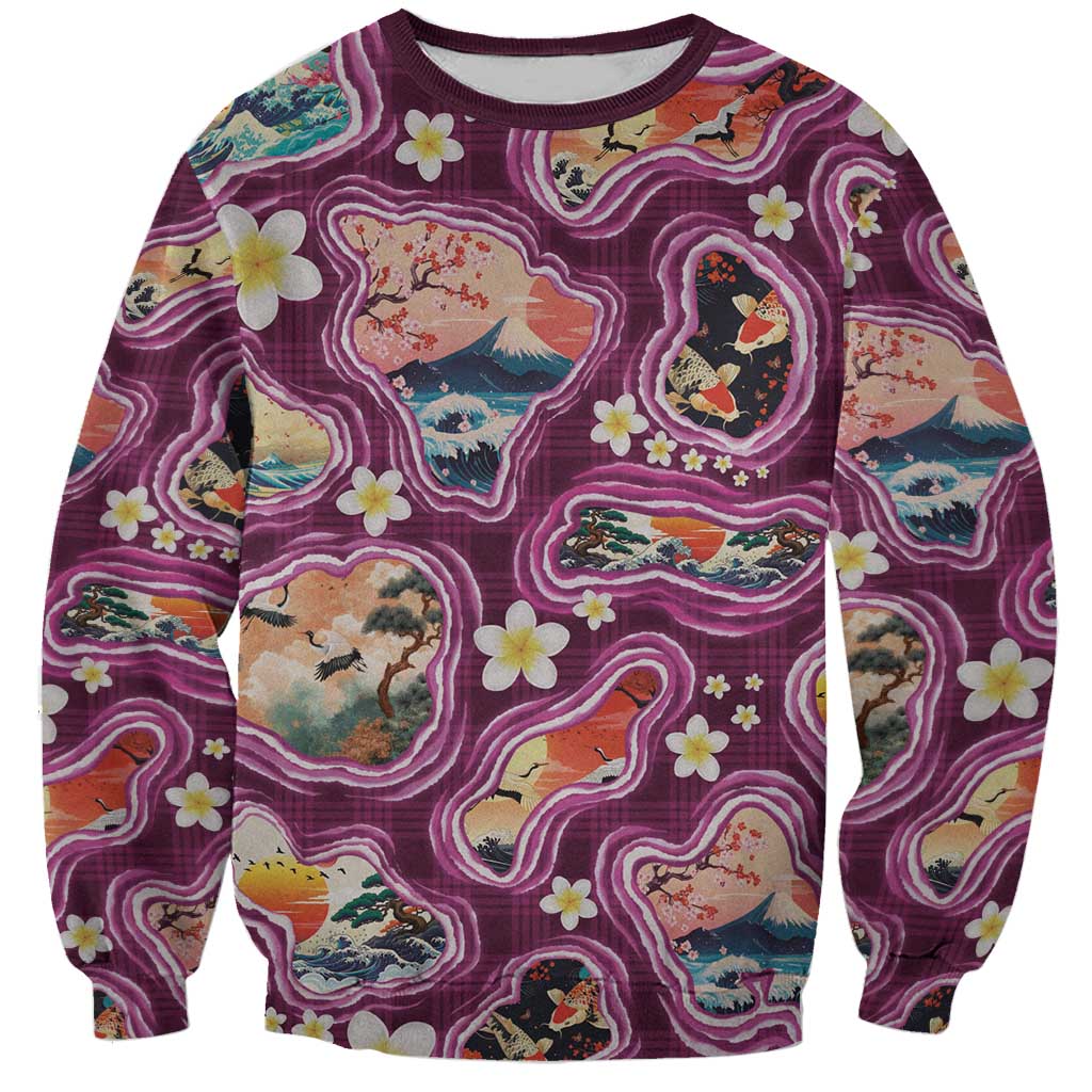 Hawaii Islands Map Design with Japanese Landscape Sweatshirt Hawaiian Japan Fusion Art Pink Color