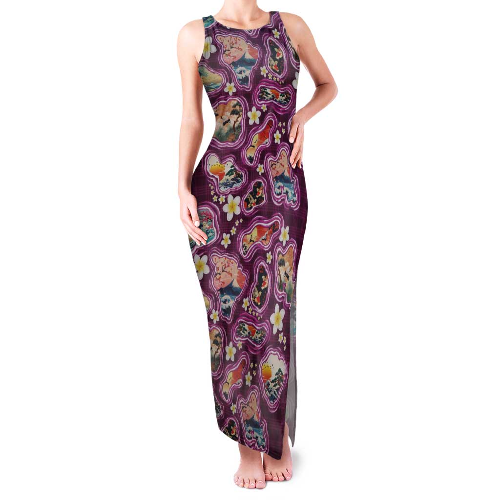 Hawaii Islands Map Design with Japanese Landscape Tank Maxi Dress Hawaiian Japan Fusion Art Pink Color LT03 Women Pink - Polynesian Pride
