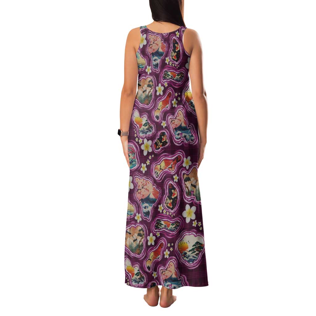 Hawaii Islands Map Design with Japanese Landscape Tank Maxi Dress Hawaiian Japan Fusion Art Pink Color LT03 - Polynesian Pride