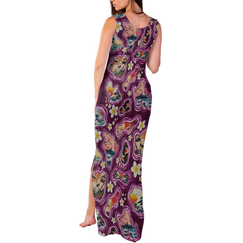 Hawaii Islands Map Design with Japanese Landscape Tank Maxi Dress Hawaiian Japan Fusion Art Pink Color LT03 - Polynesian Pride