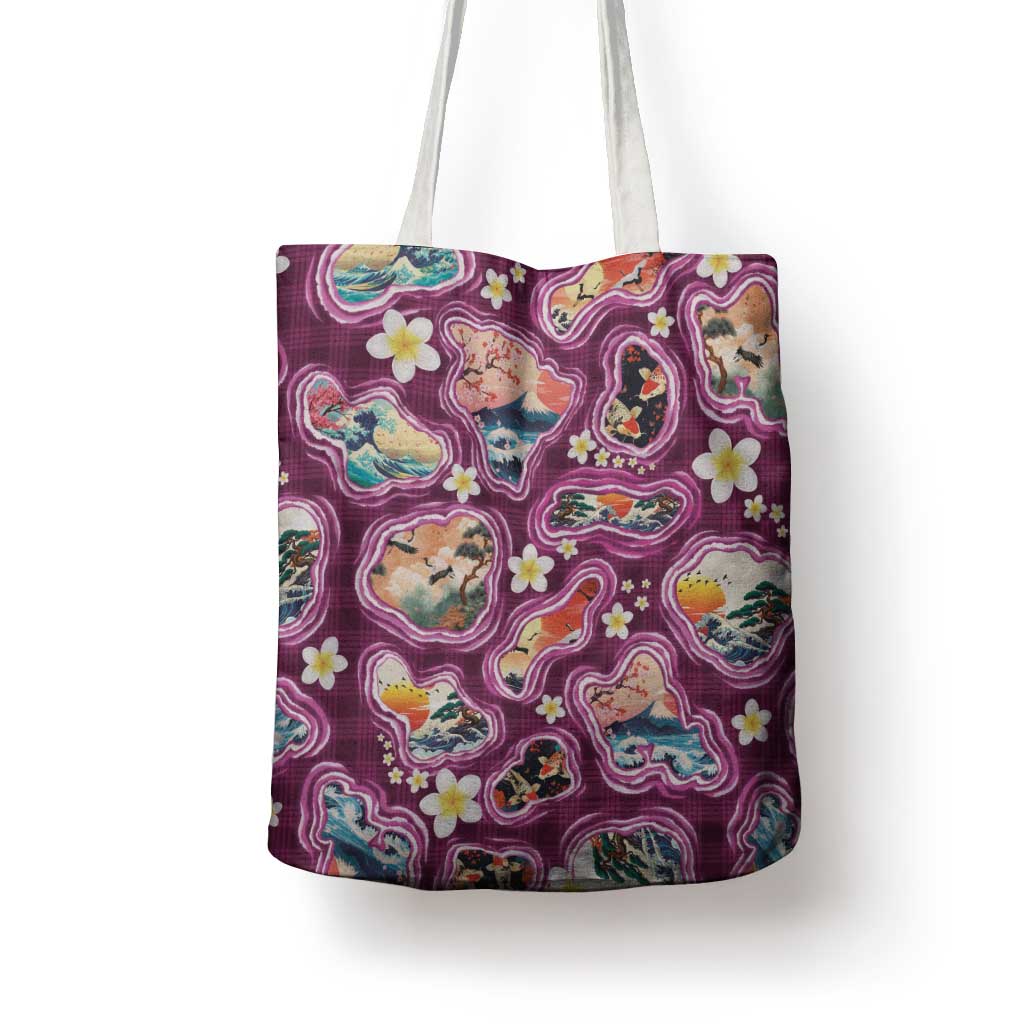 Hawaii Islands Map Design with Japanese Landscape Tote Bag Hawaiian Japan Fusion Art Pink Color