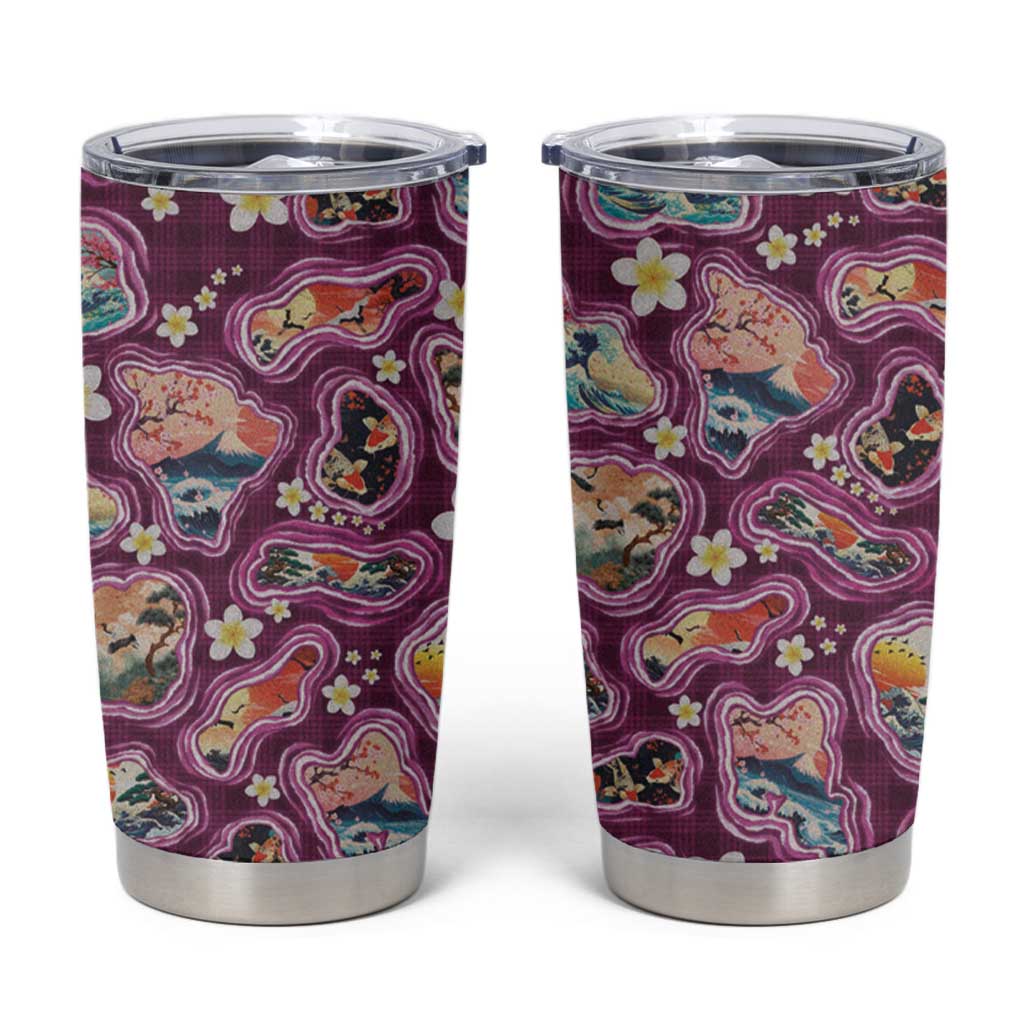 Hawaii Islands Map Design with Japanese Landscape Tumbler Cup Hawaiian Japan Fusion Art Pink Color