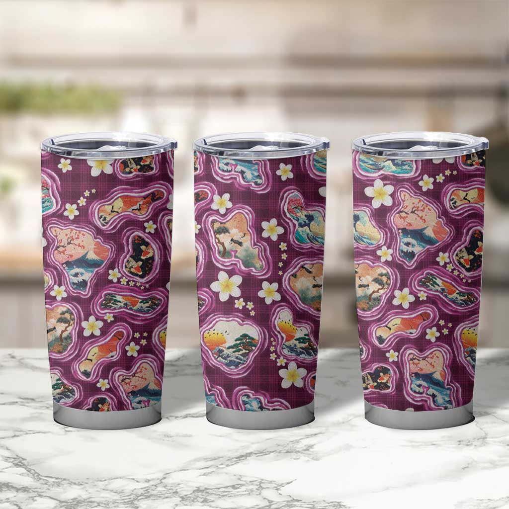 Hawaii Islands Map Design with Japanese Landscape Tumbler Cup Hawaiian Japan Fusion Art Pink Color