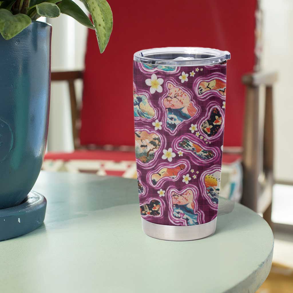 Hawaii Islands Map Design with Japanese Landscape Tumbler Cup Hawaiian Japan Fusion Art Pink Color