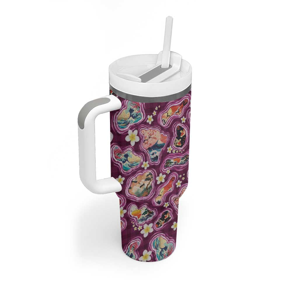 Hawaii Islands Map Design with Japanese Landscape Tumbler With Handle Hawaiian Japan Fusion Art Pink Color