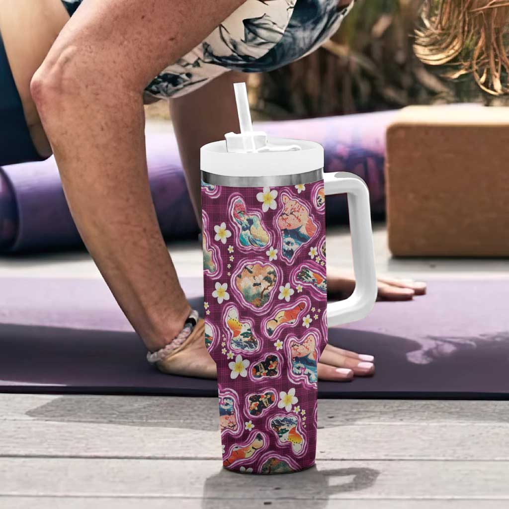 Hawaii Islands Map Design with Japanese Landscape Tumbler With Handle Hawaiian Japan Fusion Art Pink Color