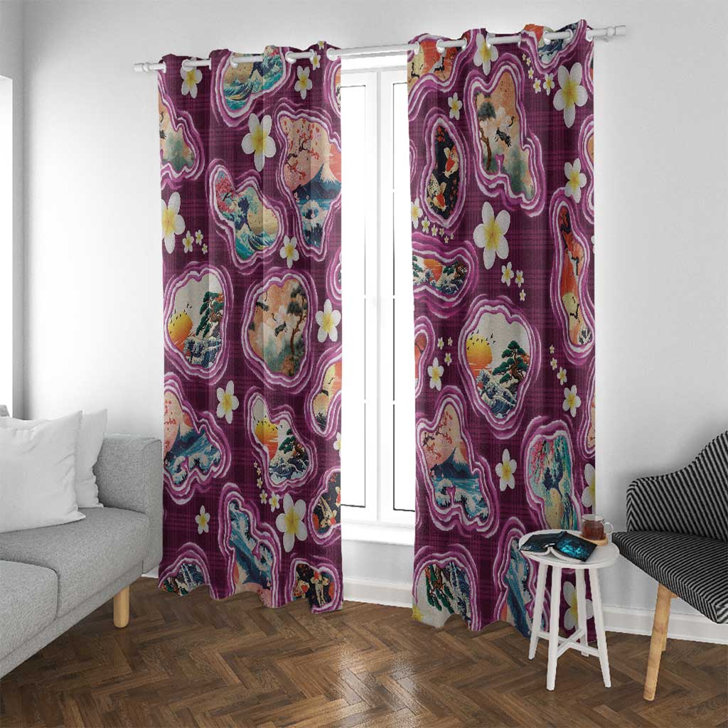 Hawaii Islands Map Design with Japanese Landscape Window Curtain Hawaiian Japan Fusion Art Pink Color