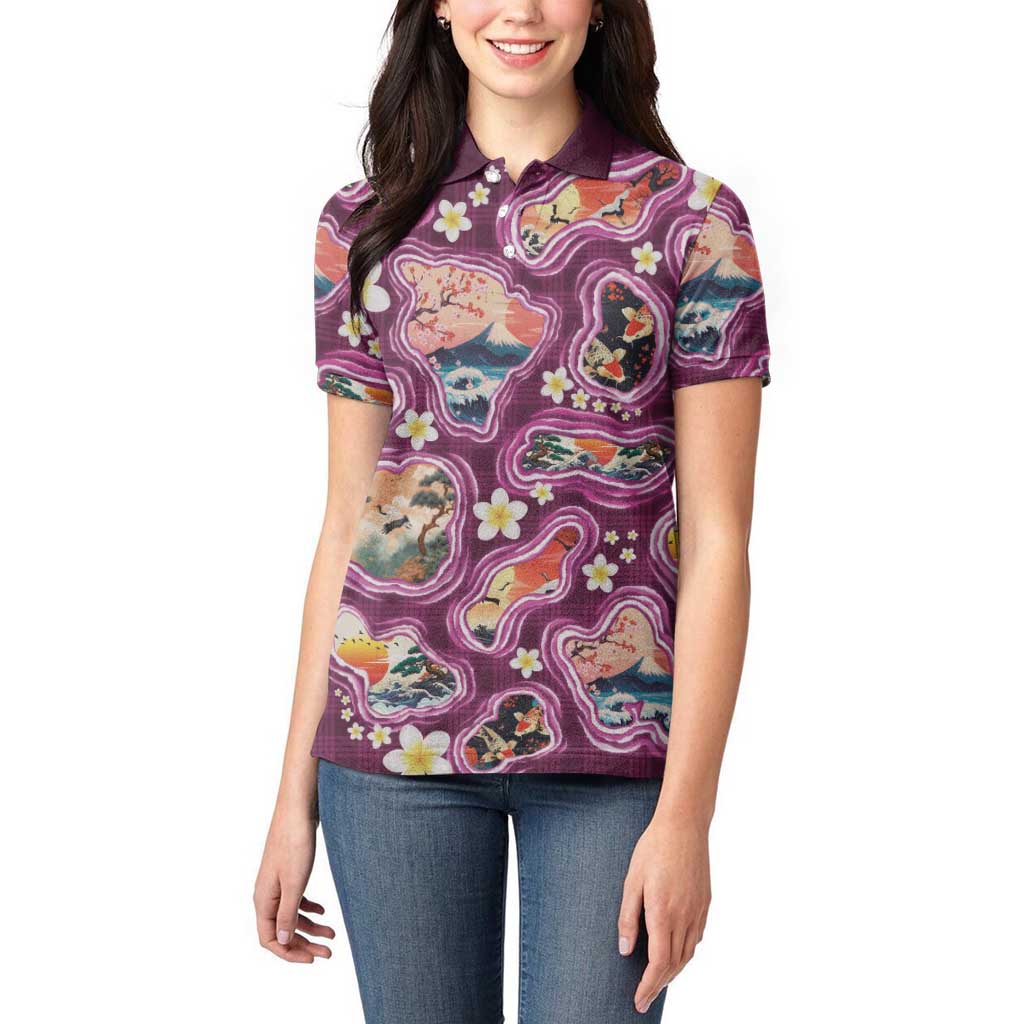 Hawaii Islands Map Design with Japanese Landscape Women Polo Shirt Hawaiian Japan Fusion Art Pink Color