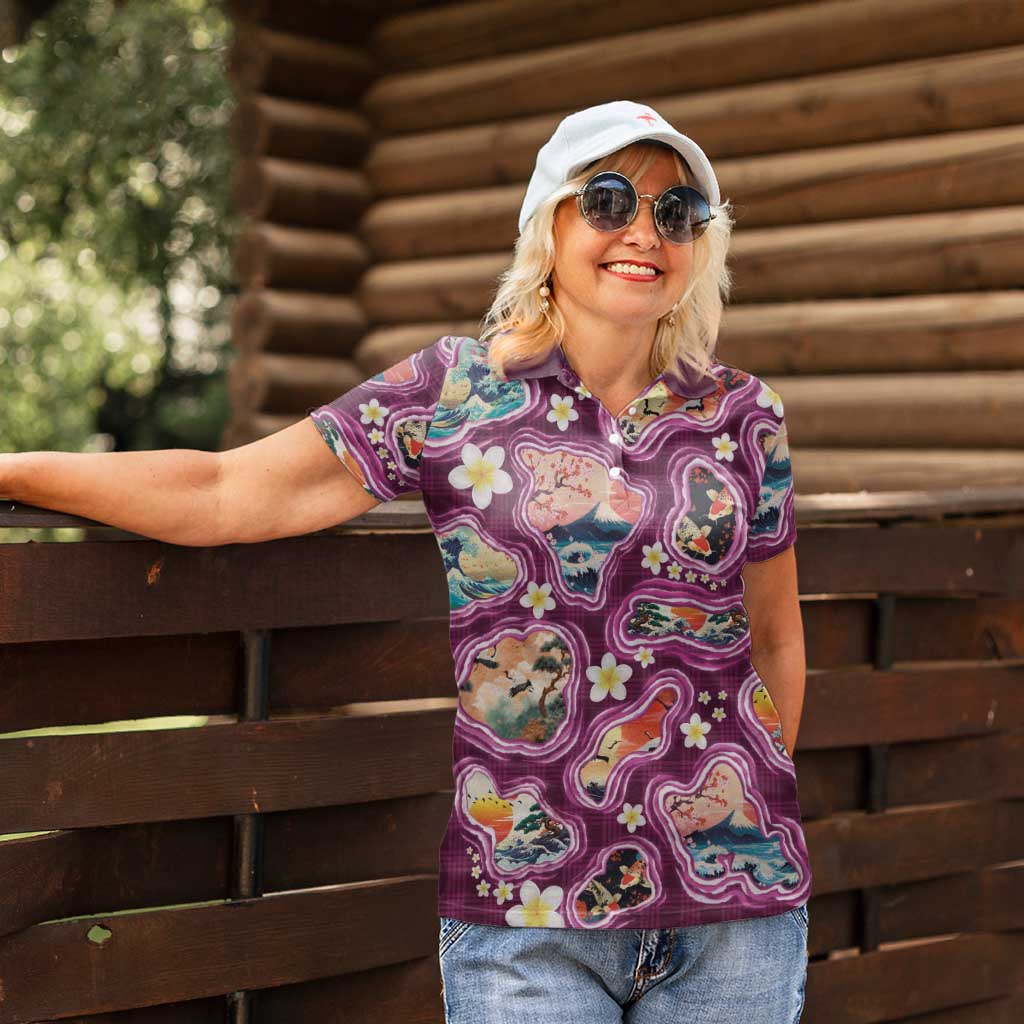 Hawaii Islands Map Design with Japanese Landscape Women Polo Shirt Hawaiian Japan Fusion Art Pink Color