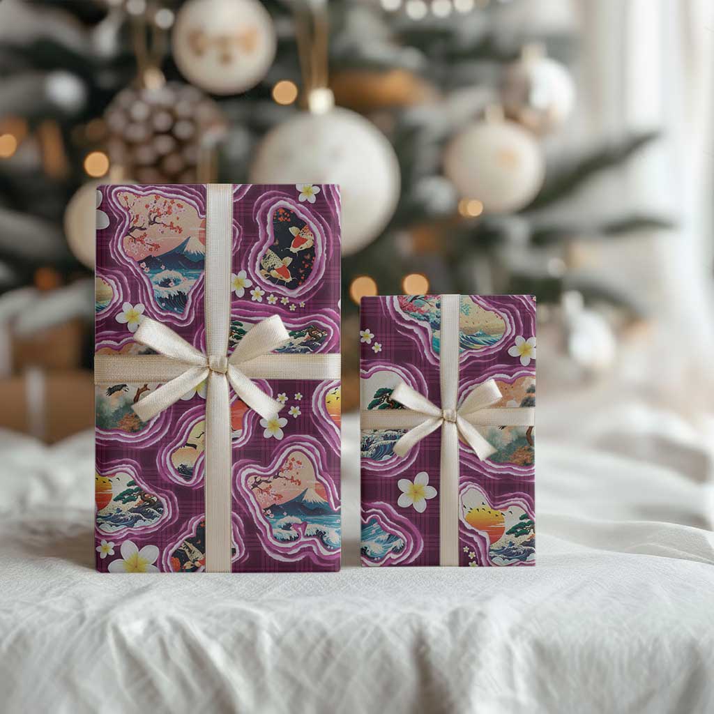 Hawaii Islands Map Design with Japanese Landscape Wrapping Paper Hawaiian Japan Fusion Art Pink Color