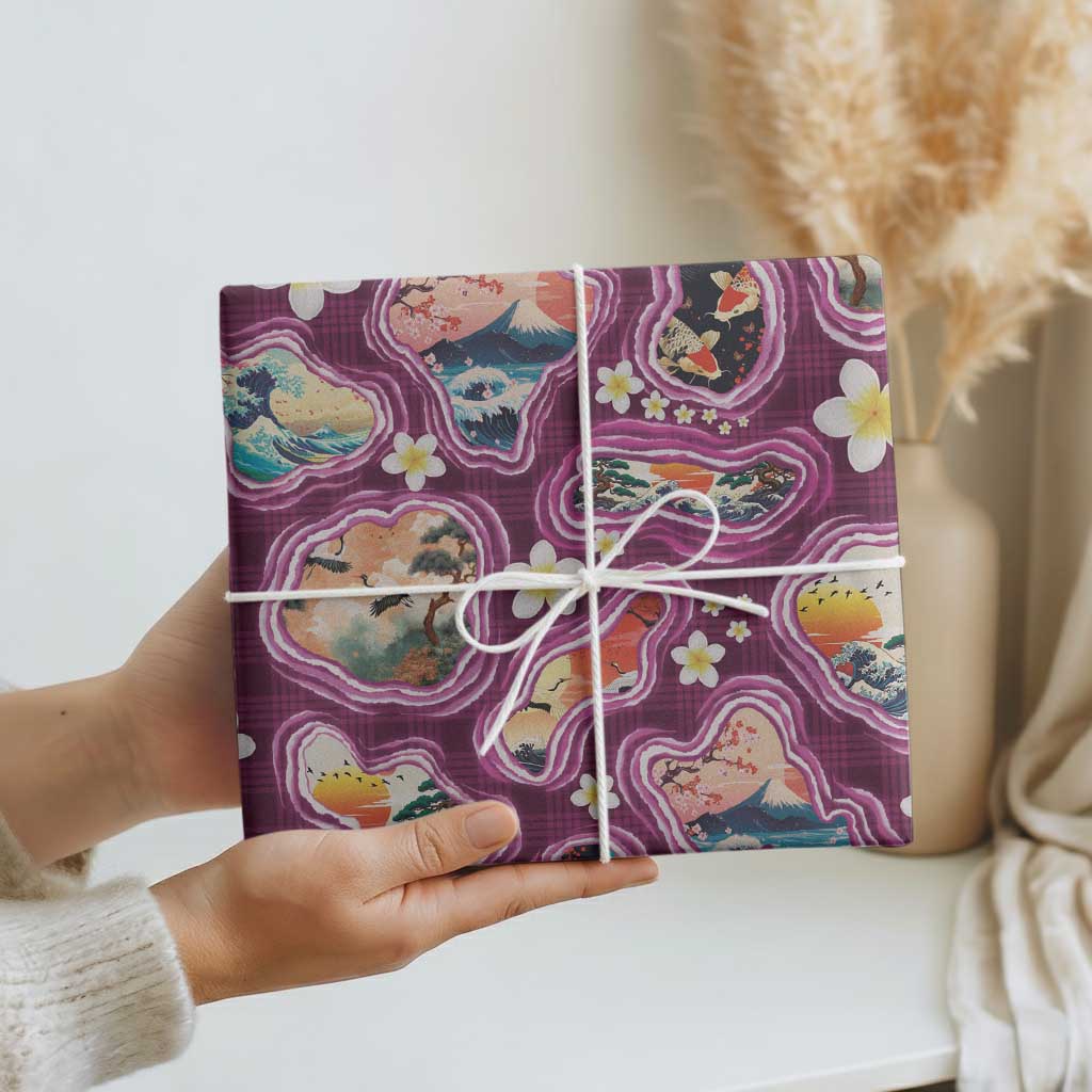 Hawaii Islands Map Design with Japanese Landscape Wrapping Paper Hawaiian Japan Fusion Art Pink Color