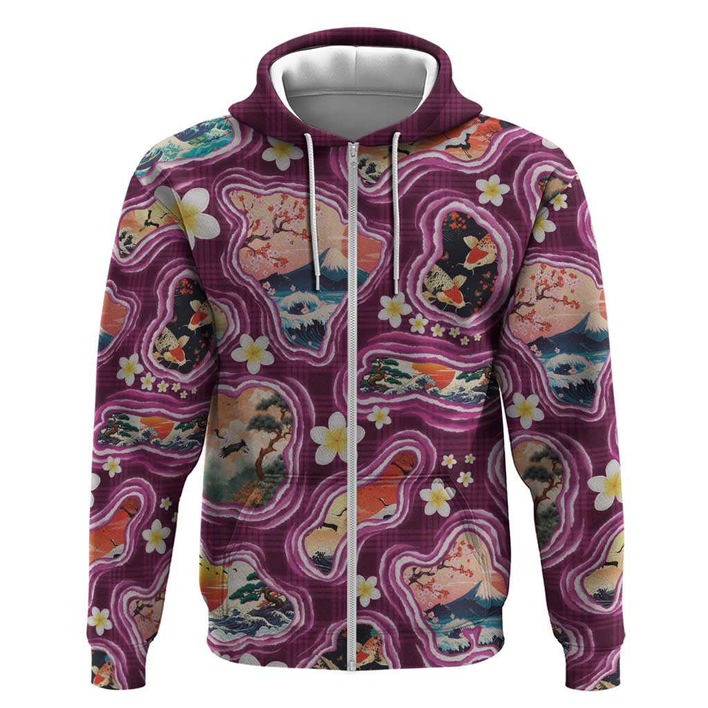 Hawaii Islands Map Design with Japanese Landscape Zip Hoodie Hawaiian Japan Fusion Art Pink Color