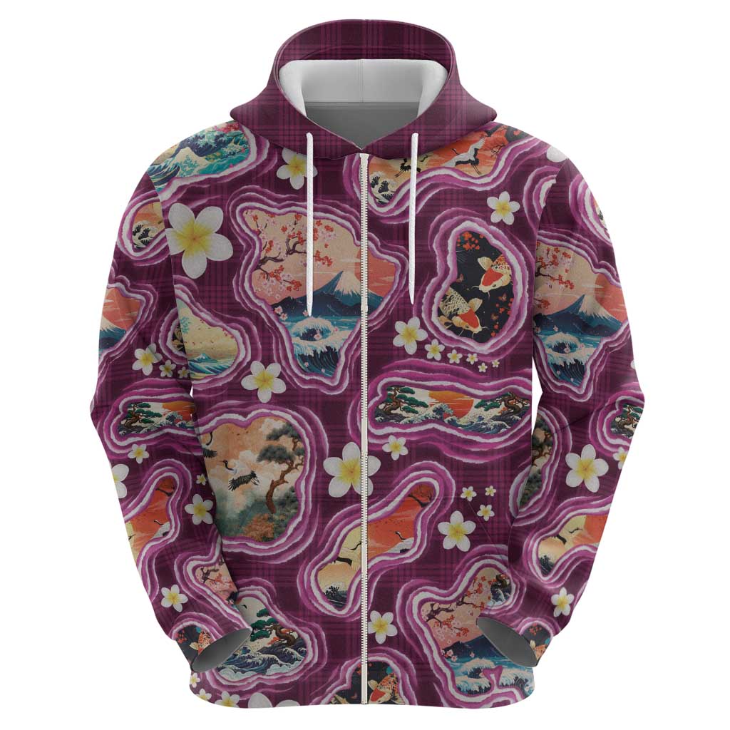 Hawaii Islands Map Design with Japanese Landscape Zip Hoodie Hawaiian Japan Fusion Art Pink Color