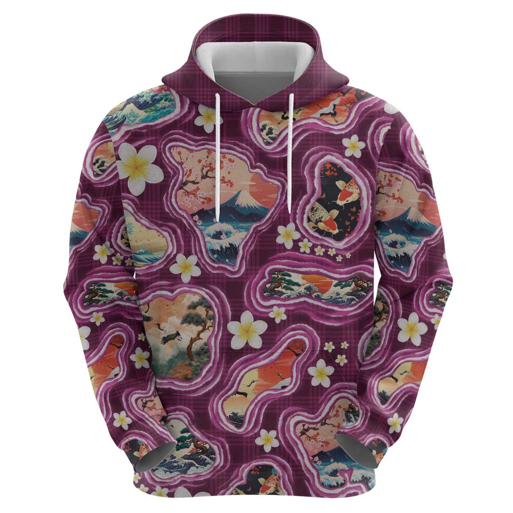 Hawaii Islands Map Design with Japanese Landscape Zip Hoodie Hawaiian Japan Fusion Art Pink Color