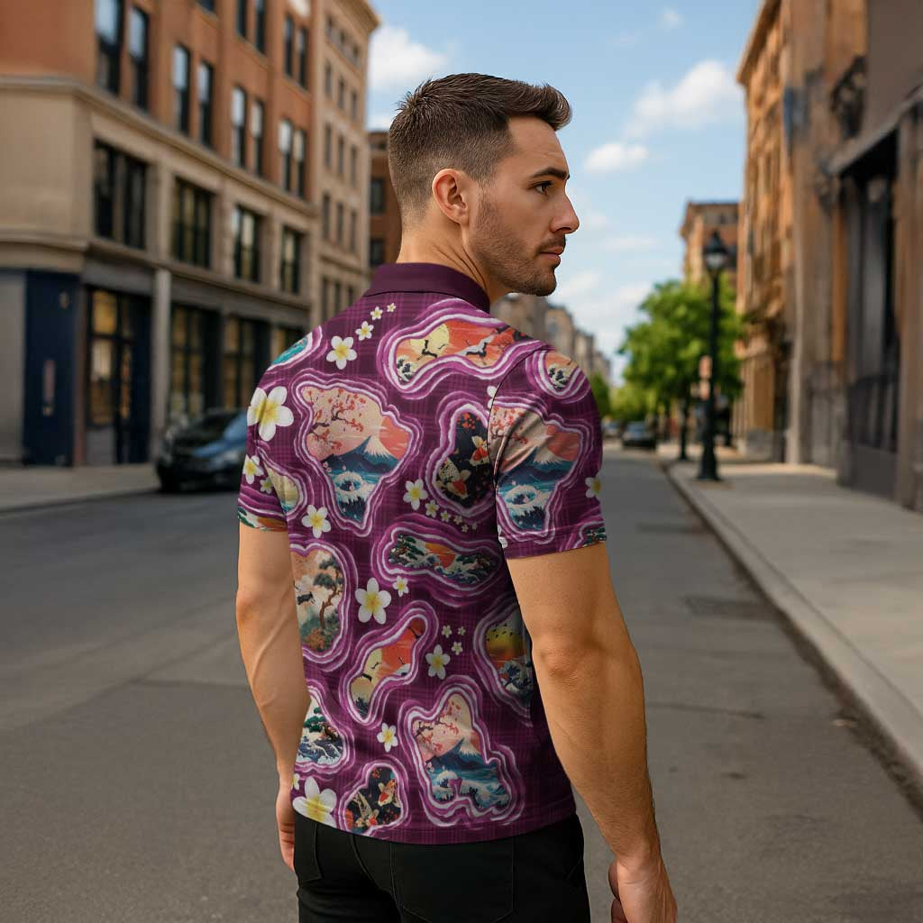 Hawaii Islands Map Design with Japanese Landscape Zipper Polo Shirt Hawaiian Japan Fusion Art Pink Color