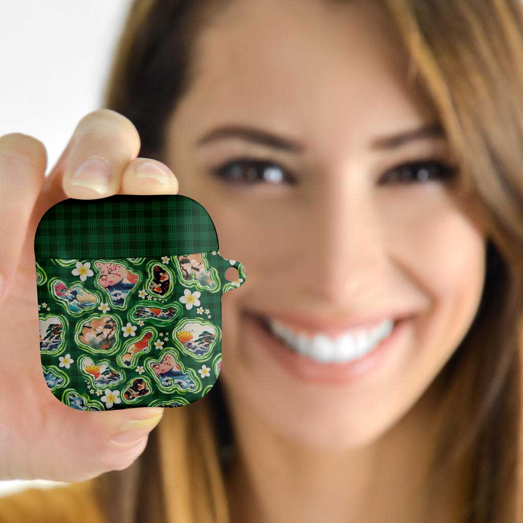 Hawaiian and Japanese Culture Together AirPods Case Hawaiian Island Shapes with Japanese Landscape Green Color