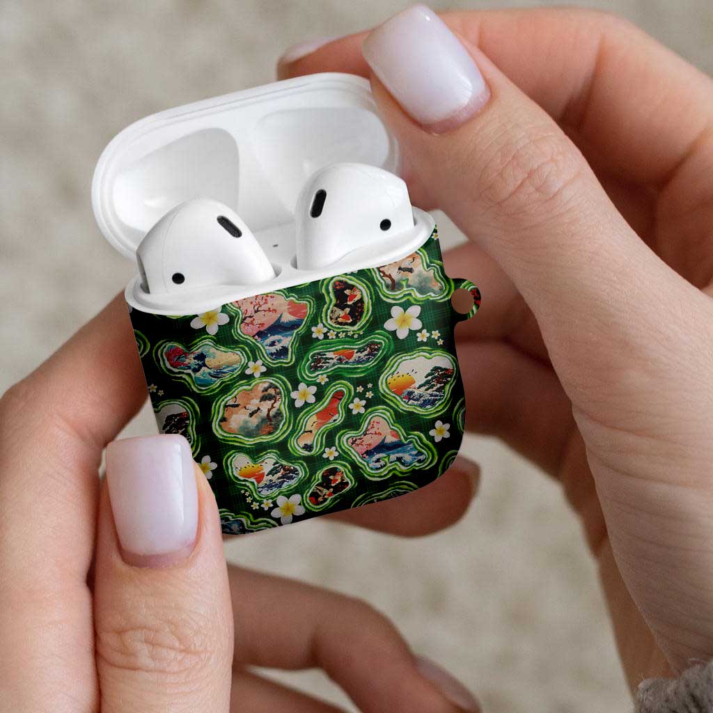 Hawaiian and Japanese Culture Together AirPods Case Hawaiian Island Shapes with Japanese Landscape Green Color