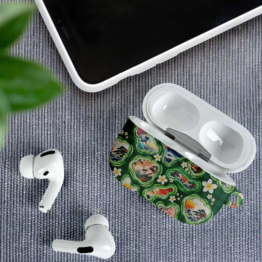 Hawaiian and Japanese Culture Together AirPods Case Hawaiian Island Shapes with Japanese Landscape Green Color
