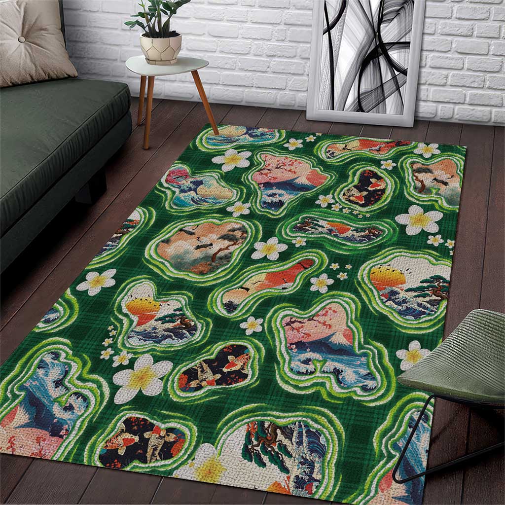 Hawaiian and Japanese Culture Together Area Rug Hawaiian Island Shapes with Japanese Landscape Green Color