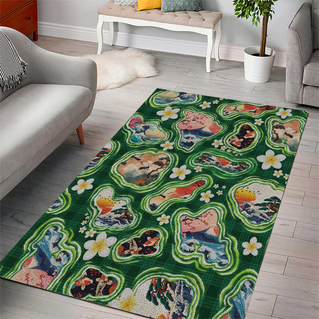 Hawaiian and Japanese Culture Together Area Rug Hawaiian Island Shapes with Japanese Landscape Green Color