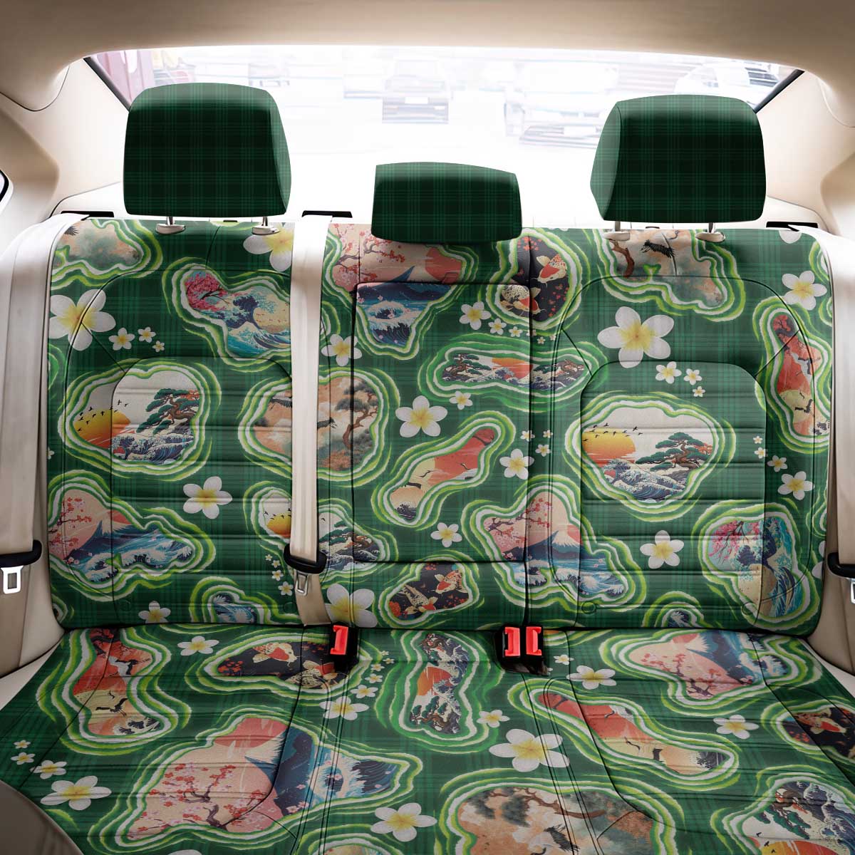 Hawaiian and Japanese Culture Together Back Car Seat Cover Hawaiian Island Shapes with Japanese Landscape Green Color