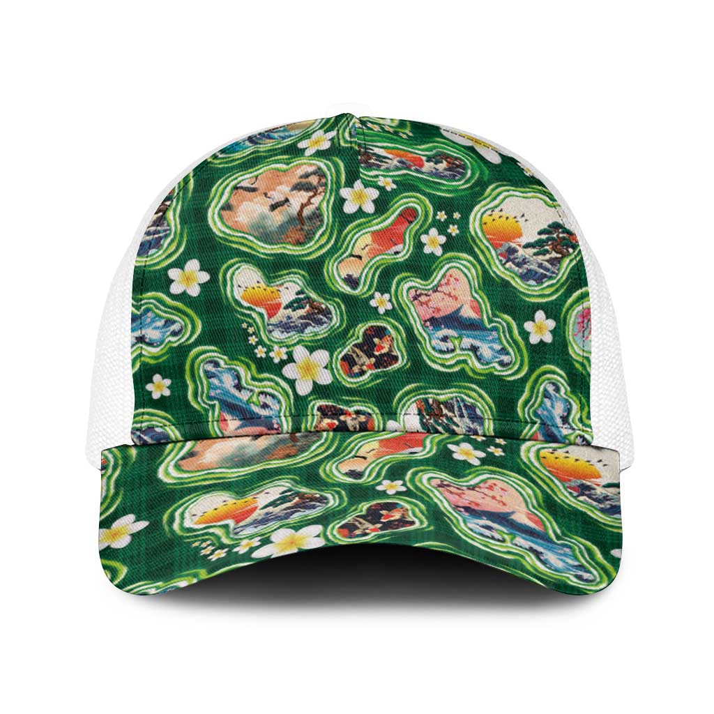 Hawaiian and Japanese Culture Together Baseball Net Cap Hawaiian Island Shapes with Japanese Landscape Green Color