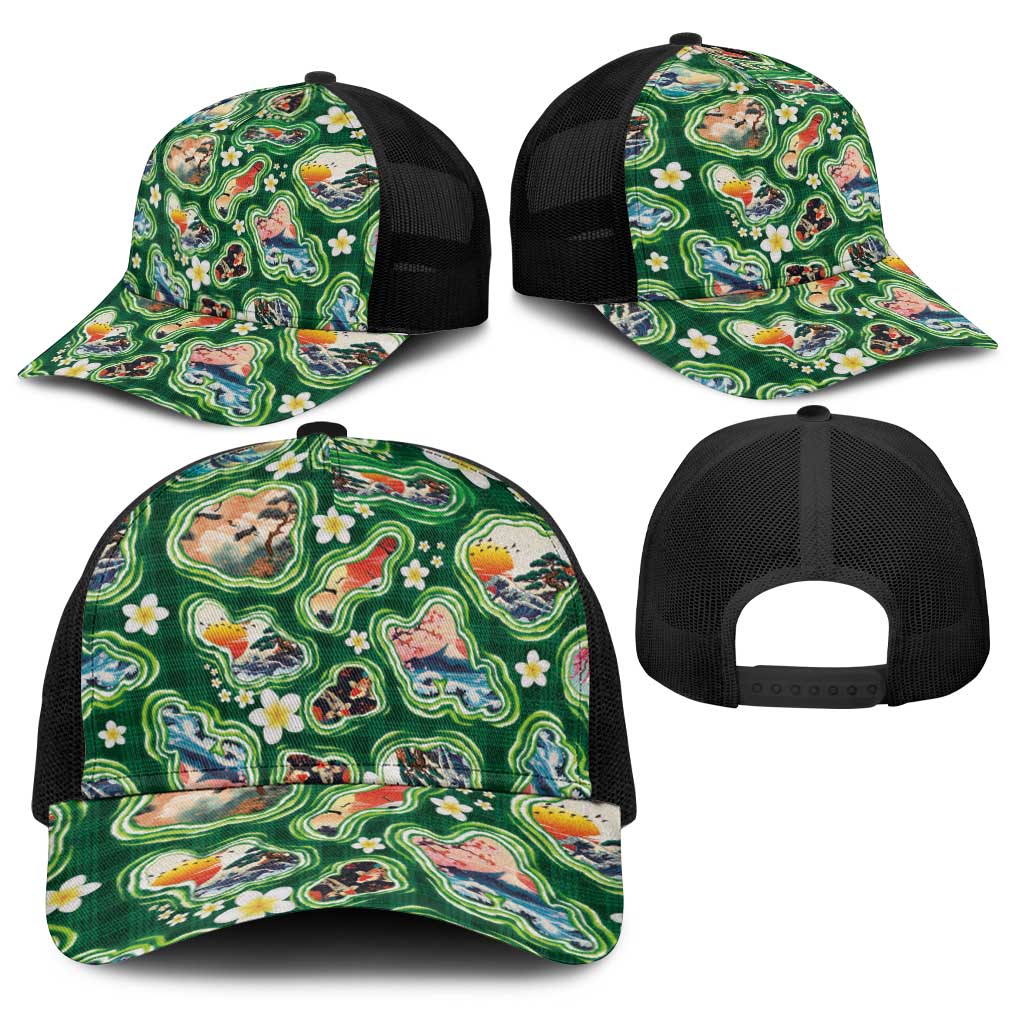 Hawaiian and Japanese Culture Together Baseball Net Cap Hawaiian Island Shapes with Japanese Landscape Green Color