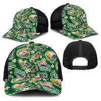 Hawaiian and Japanese Culture Together Baseball Net Cap Hawaiian Island Shapes with Japanese Landscape Green Color