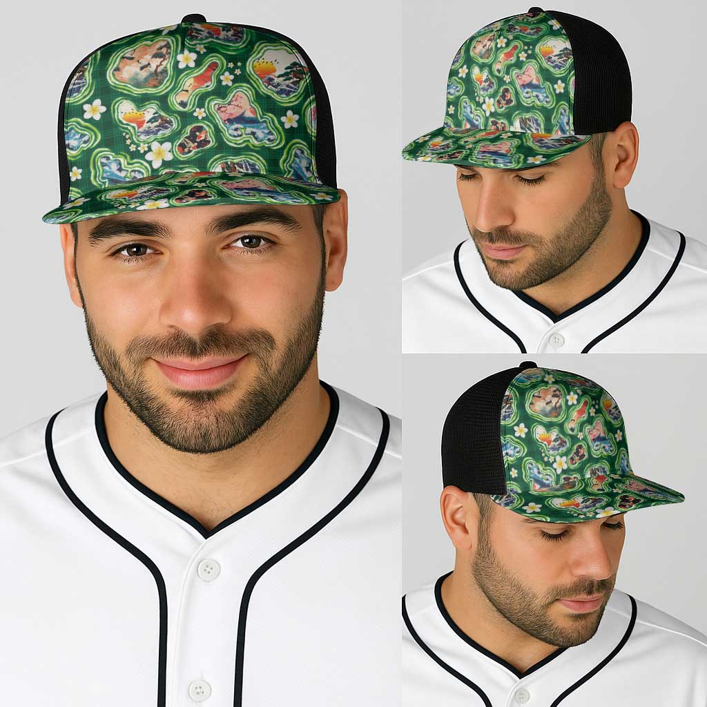 Hawaiian and Japanese Culture Together Baseball Net Cap Hawaiian Island Shapes with Japanese Landscape Green Color