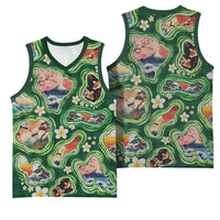 Hawaiian and Japanese Culture Together Basketball Jersey Hawaiian Island Shapes with Japanese Landscape Green Color