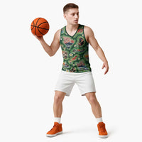 Hawaiian and Japanese Culture Together Basketball Jersey Hawaiian Island Shapes with Japanese Landscape Green Color
