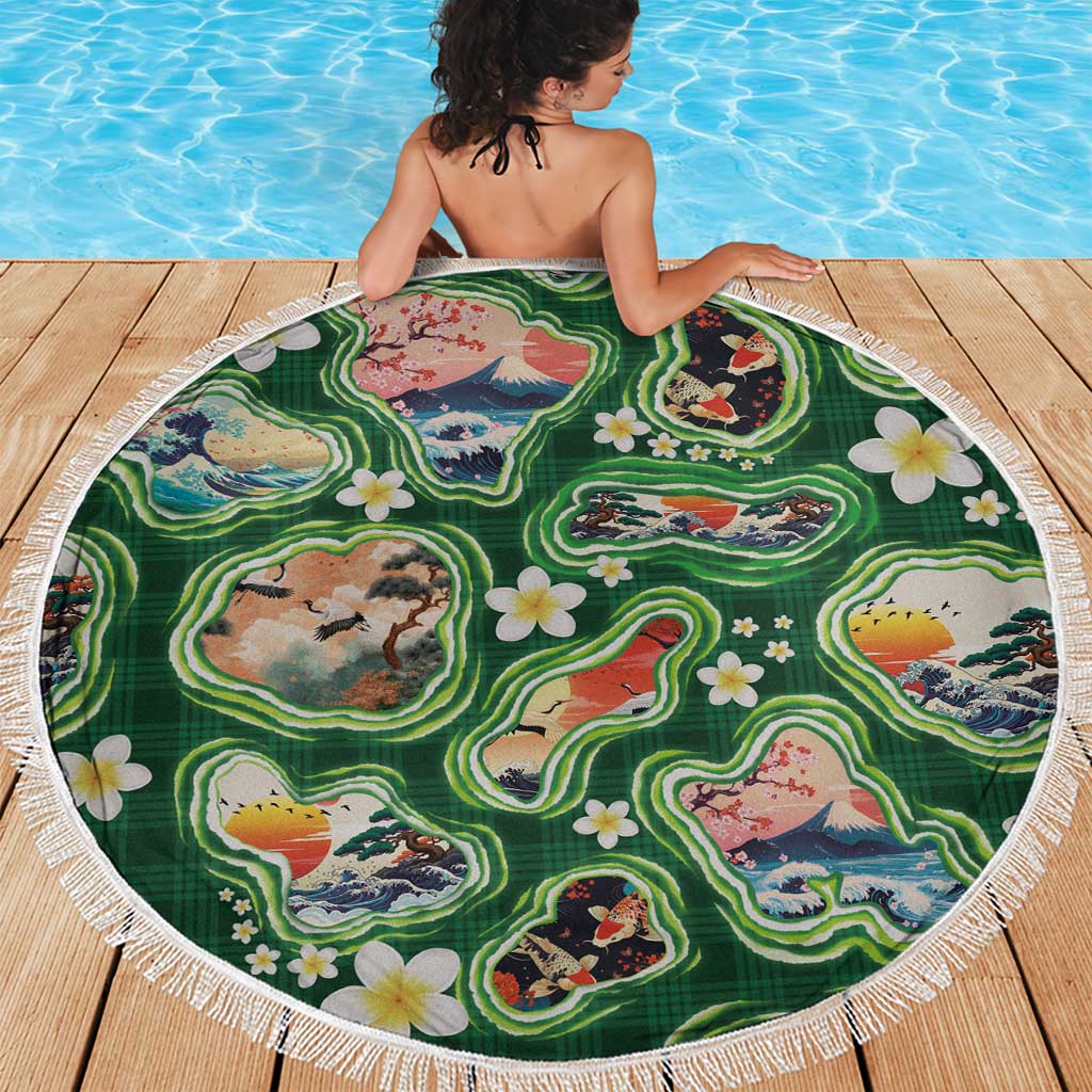 Hawaiian and Japanese Culture Together Beach Blanket Hawaiian Island Shapes with Japanese Landscape Green Color