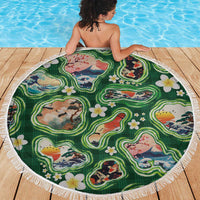 Hawaiian and Japanese Culture Together Beach Blanket Hawaiian Island Shapes with Japanese Landscape Green Color