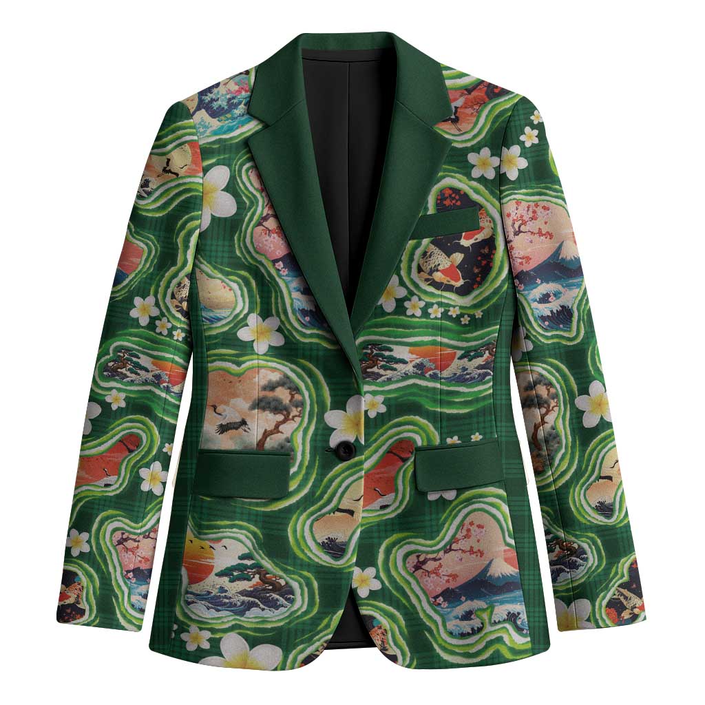Hawaiian and Japanese Culture Together Blazer Hawaiian Island Shapes with Japanese Landscape Green Color
