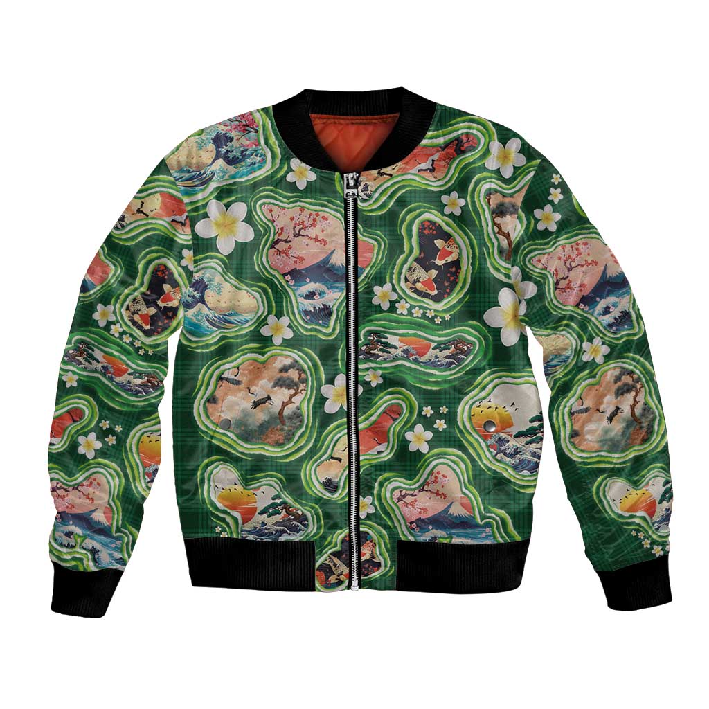 Hawaiian and Japanese Culture Together Bomber Jacket Hawaiian Island Shapes with Japanese Landscape Green Color