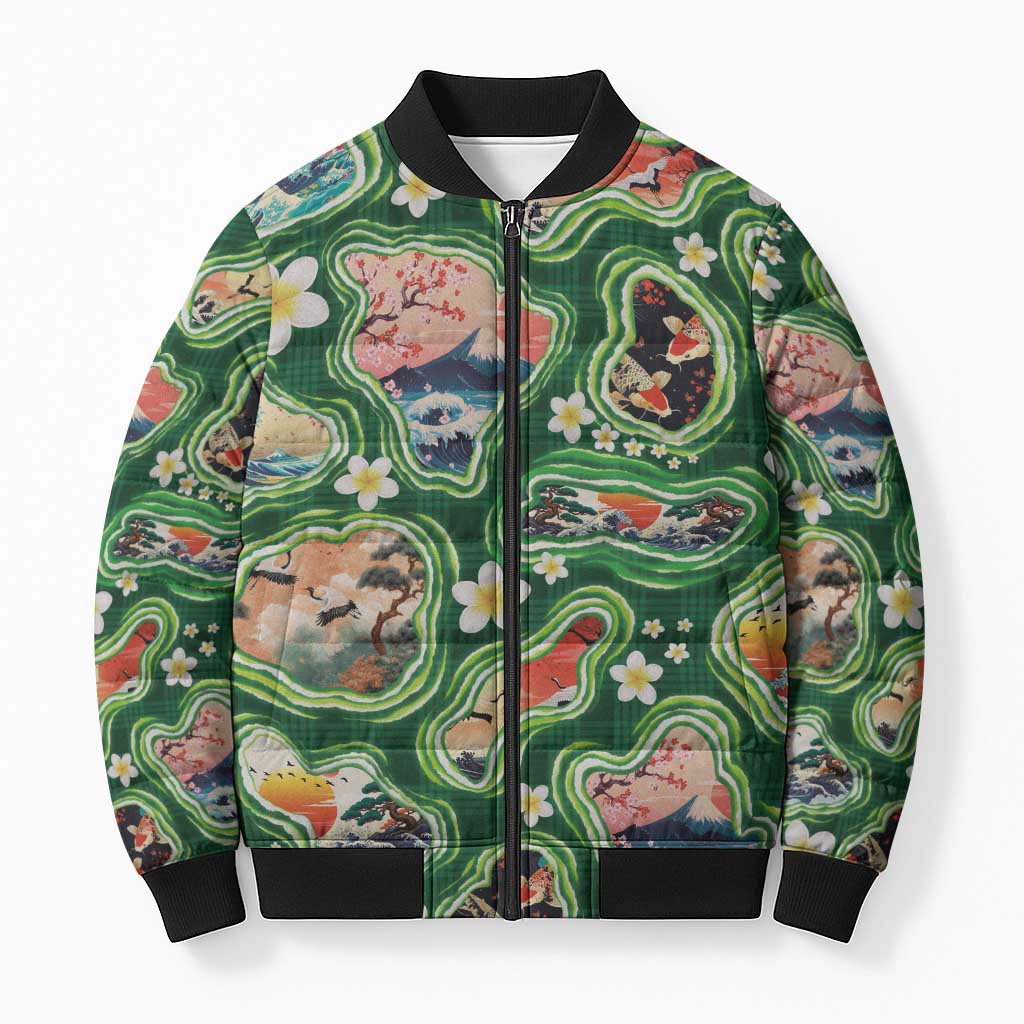 Hawaiian and Japanese Culture Together Bomber Puffer Jacket Hawaiian Island Shapes with Japanese Landscape Green Color